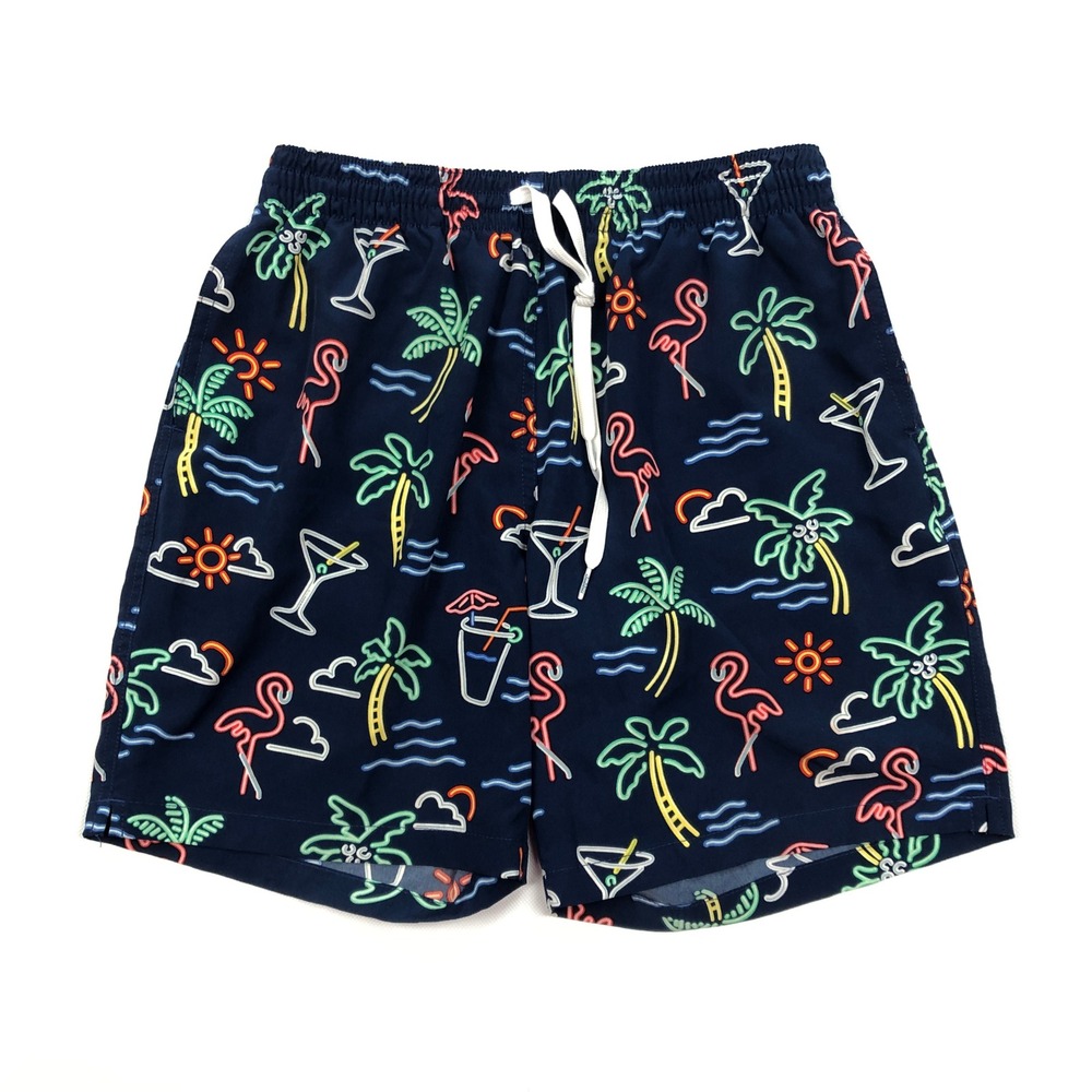 Chubbies Mens Neon Flamingo Palm Tree Swim Trunks Navy Blue 7 Inch Inseam Large